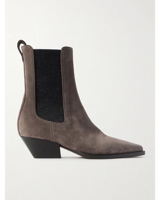 Brunello Cucinelli Black Chelsea Boots Aus Veloursleder Mit Zierperlen