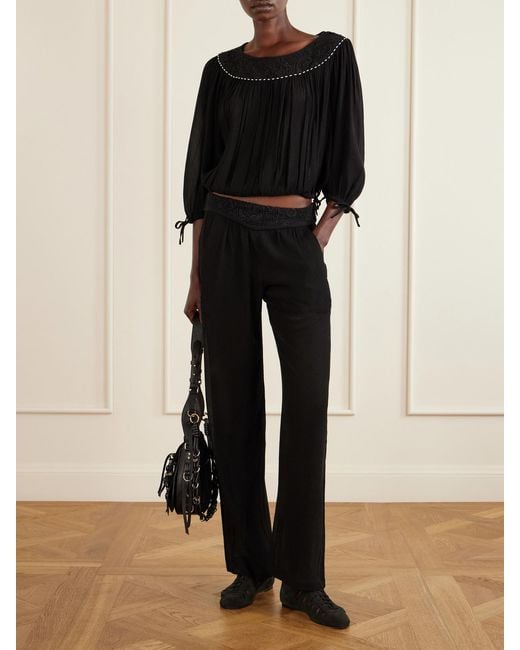 Isabel Marant Black Guylene Lace-Trimmed Silk-Crepe Straight-Leg Pants