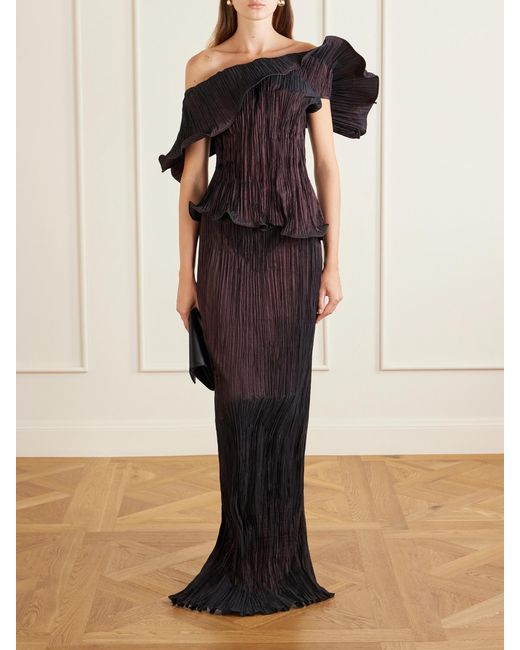 Marmar Halim Black Pleated Off-The-Shoulder Taffeta Gown