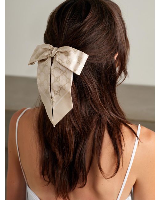Gucci Natural Bow-Embellished Printed Silk-Twill Hair Tie