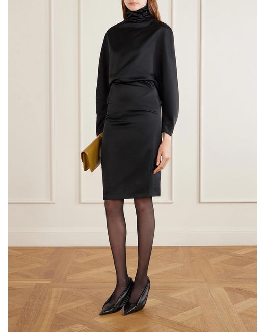 Khaite Black Harlin Draped Ramie-Blend Satin Knee-Length Dress
