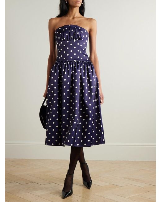 Self-Portrait Blue Strapless Pleated Polka-Dot Satin Midi Dress