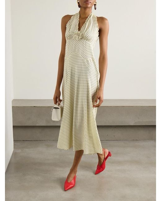 Doen White Mazarin Ruffled Polka-Dot Silk-Blend Satin Halterneck Dress