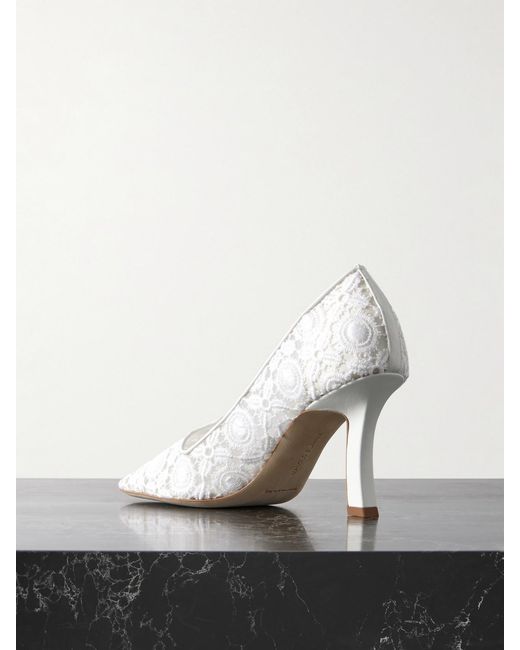 Manolo Blahnik White Euridi 90 Leather-Trimmed Lace Pumps