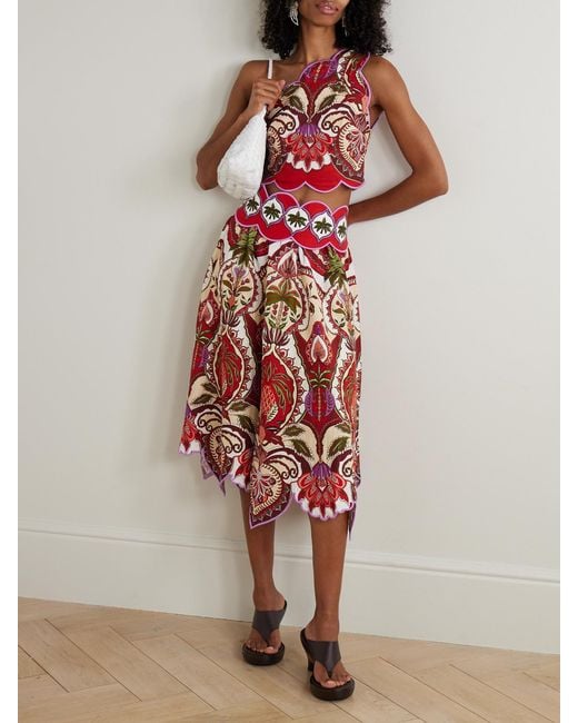 Farm Rio Red Odara Scalloped Printed Linen-Blend Midi Skirt