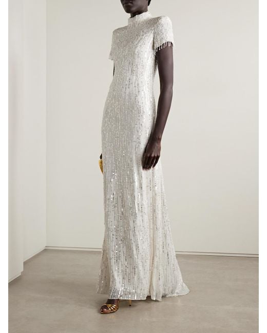 Jenny Packham White Madeleine Embellished Chiffon Gown