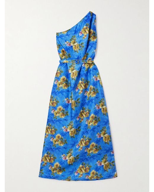 LaDoubleJ Blue Roy Asymmetrisches Maxikleid Aus Seiden-Twill Mit Blumenprint Und Gürtel