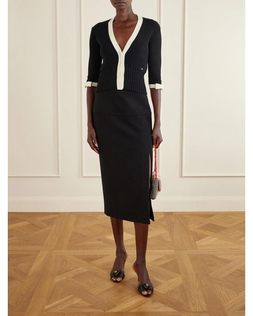 Valentino Garavani Blue Cropped Bow-Embellished Two-Tone Ribbed-Knit Cotton Cardigan