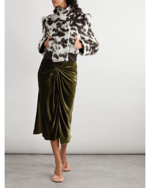 Dries Van Noten Green Ruched Velvet Midi Skirt