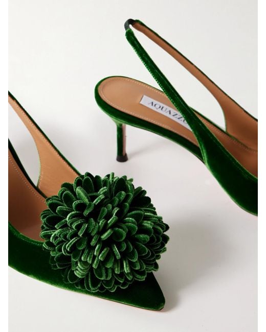 Aquazzura Women's Green Couturier 65 Pompom-Embellished Velvet Slingback Pumps