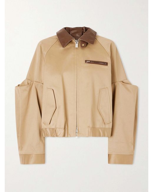 Sacai Natural Pleated Leather-Trimmed Cotton-Twill Jacket