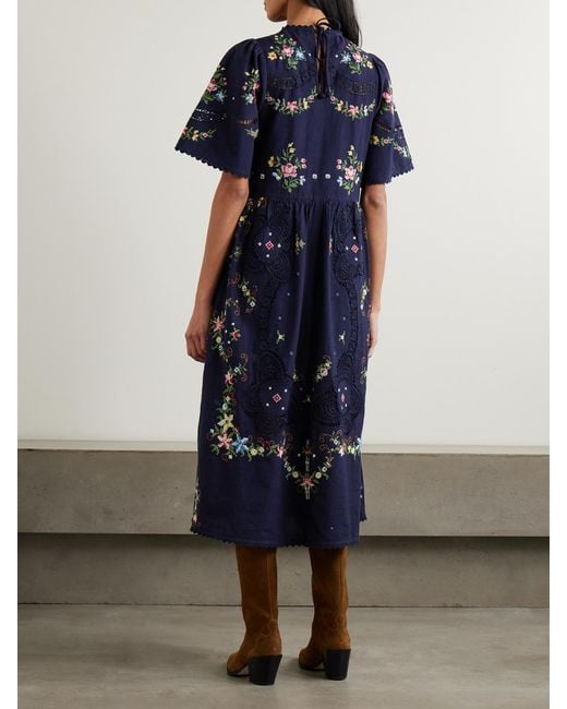 Sea Blue Edwina Floral Lace-Trimmed Embroidered Cotton Midi Dress