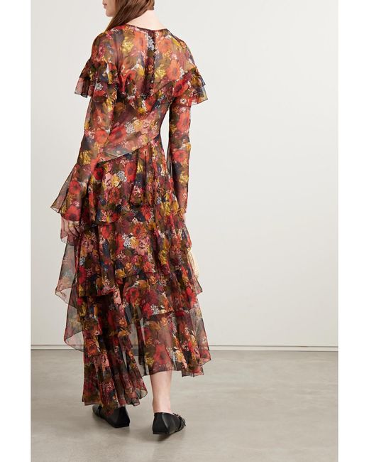 Doen Multicolor Alouette Asymmetric Ruffled Floral-Print Silk-Georgette Midi Dress