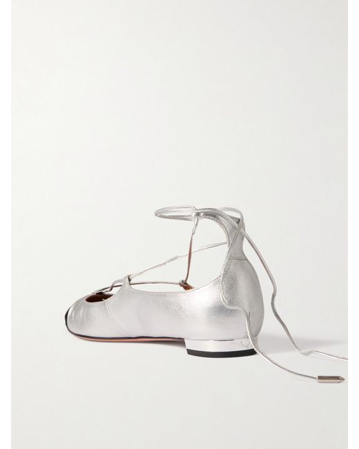 Aquazzura Natural Gabi Lace-Up Metallic Leather Point-Toe Flats