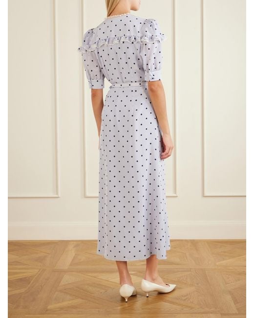 Alessandra Rich White Belted Polka-Dot Lace-Trimmed Silk Midi Dress