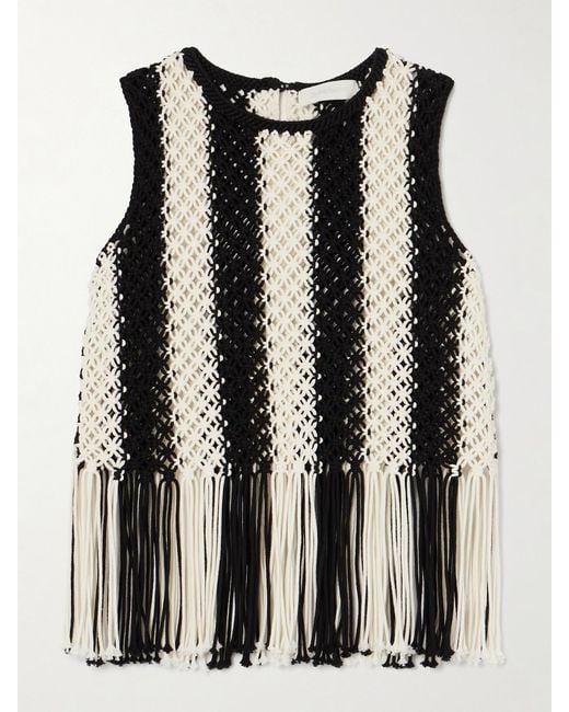 Zimmermann Black Wanderlust Fringed Striped Macramé Cotton Top