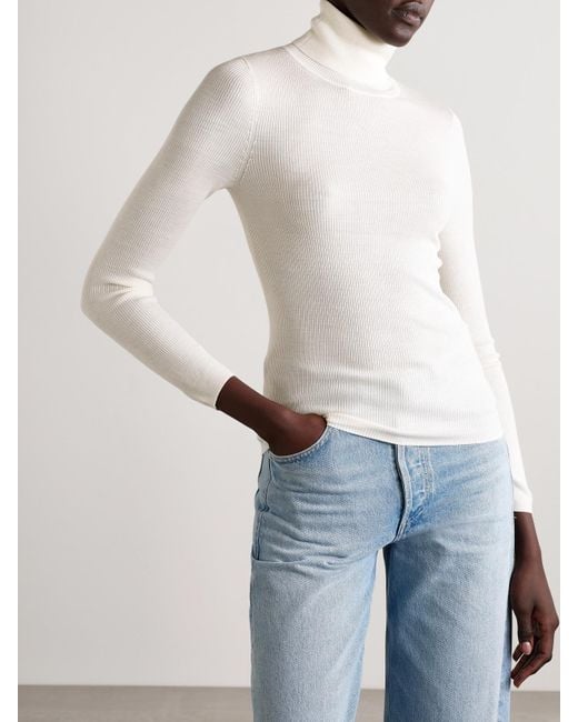 Twp White Ribbed Merino Wool Turtleneck Sweater