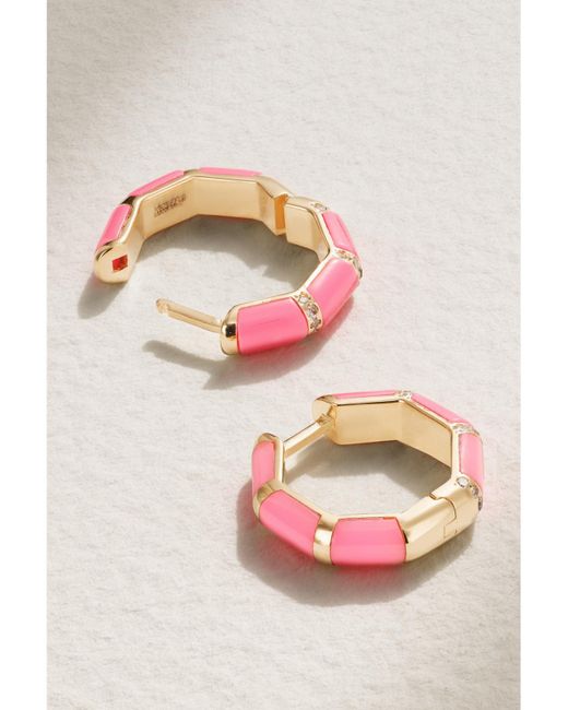 L'Atelier Nawbar Pink Bamboo 18-Karat, Enamel And Diamond Hoop Earrings
