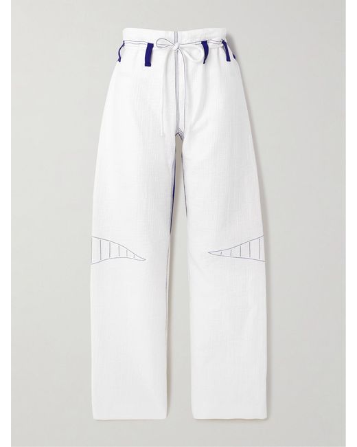 Tory Burch White Embroidered Jersey-Trimmed Cotton-Blend Gauze Wide-Leg Pants