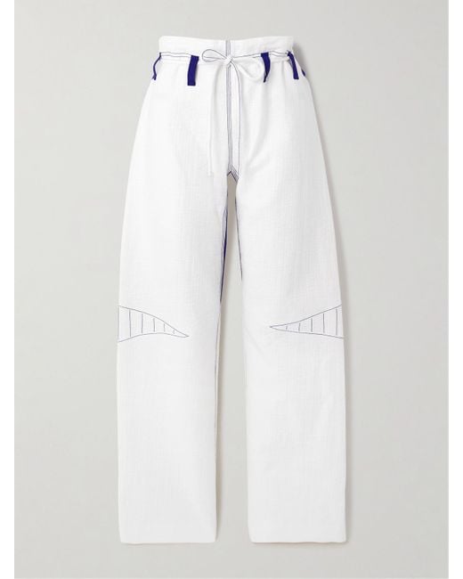 Tory Burch White Hose Mit Weitem Bein Aus Gaze Aus Einer Baumwollmischung Mit Jersey-Einsätzen Und Stickereien