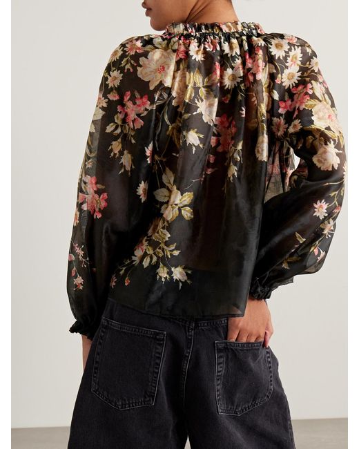 Sea Black Jolie Ruffled Floral-Print Organza Blouse