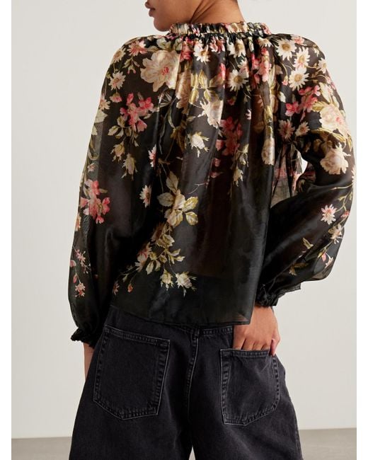 Sea Black Jolie Ruffled Floral-Print Organza Blouse