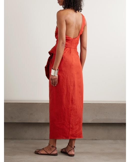Johanna Ortiz Red Salsero One-Shoulder Knotted Ruffled Draped Linen Midi Dress