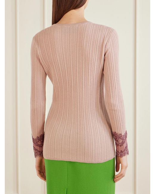 Valentino Garavani Pink Lace-Trimmed Ribbed Cashmere Sweater