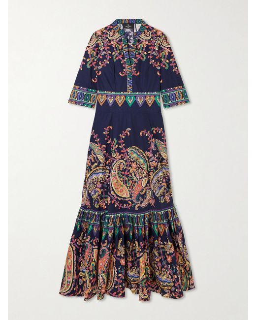 Etro Blue Ruffled Tiered Paisley-Print Cotton Maxi Dress