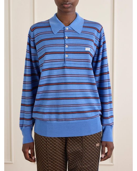 Wales Bonner Blue Striped Wool And Cotton Polo Shirt