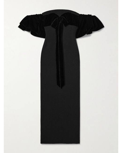 Oscar de la Renta Black Off-The-Shoulder Velvet-Trimmed Wool-Blend Cady Maxi Dress