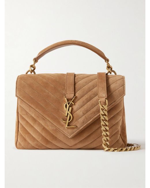 Saint Laurent Brown College Medium Chain Quilted Suede Shoulder Bag