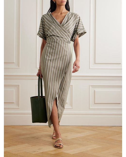 Brunello Cucinelli Natural Striped Cotton-Blend Poplin Wrap Midi Dress