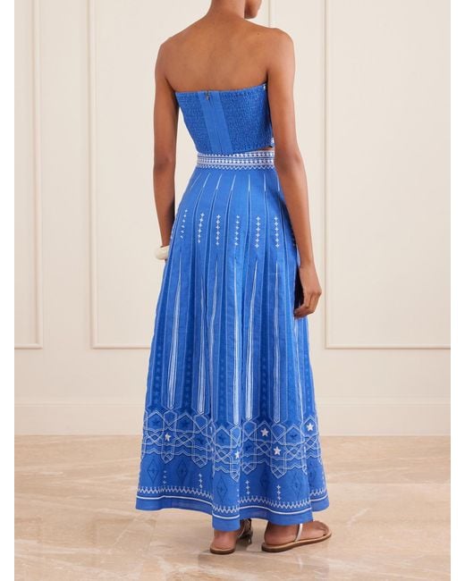 Emporio Sirenuse Blue Camille Embroidered Linen And Cotton-Blend Midi Skirt