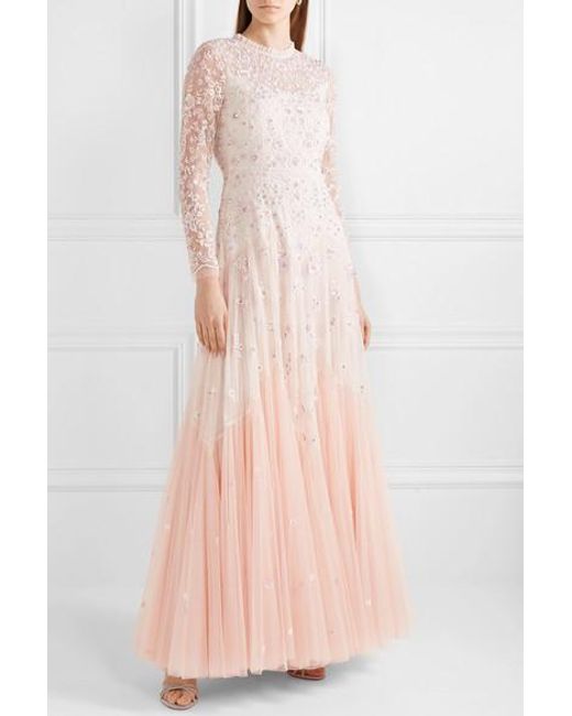 needle & thread embroidered tulle maxi dress with cap sleeve in rose