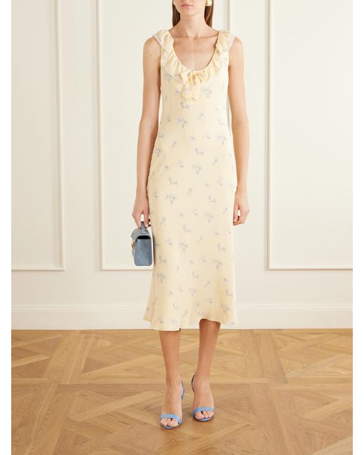 Alessandra Rich Natural Floral-Print Lace-Trimmed Silk-Satin Midi Dress