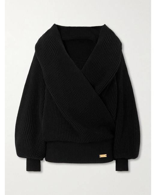 Pull À Capuche Effet Cache-Cœur En Laine Côtelée Balmain en coloris Black