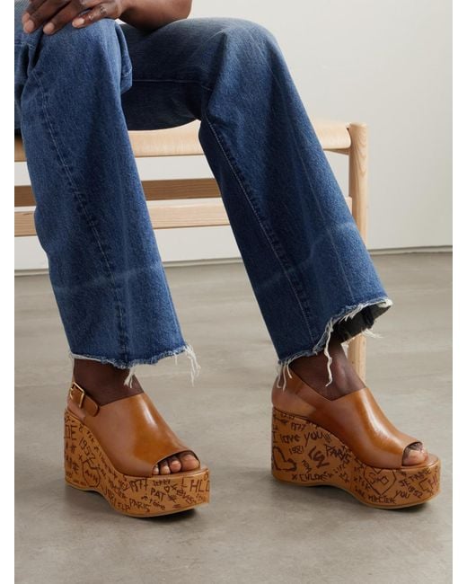 Chloé Brown Maxime Leather Platform Wedge Sandals