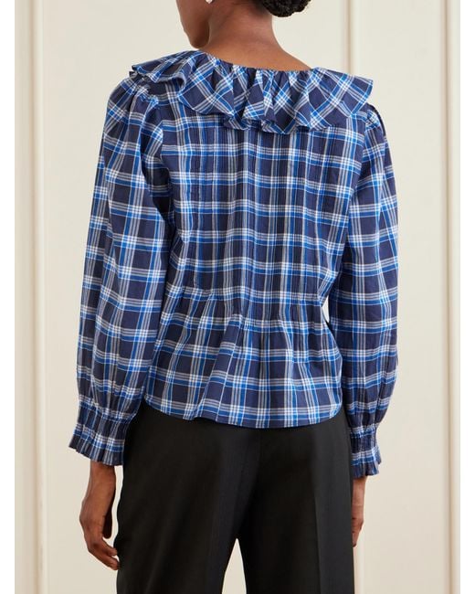 Doen Blue Hardy Checked Shirred Organic Cotton Blouse