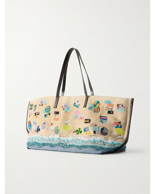 Staud Blue Christos Large Leather-Trimmed Embroidered Bead-Embellished Canvas Tote