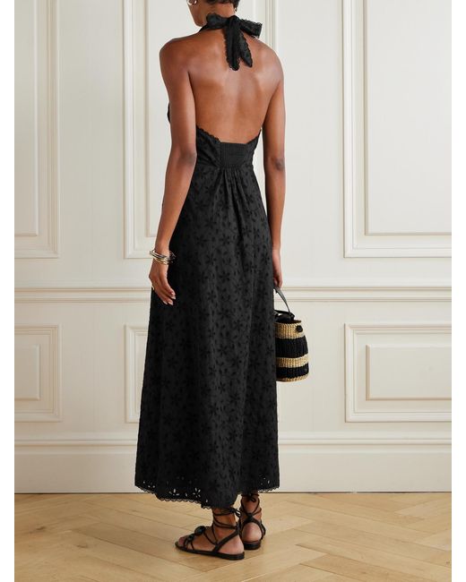 Posse Black Salma Broderie Anglaise Cotton Halterneck Midi Dress