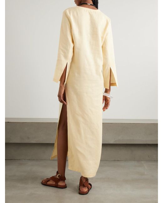 SARA CRISTINA Natural Pearl-Embellished Linen Kaftan