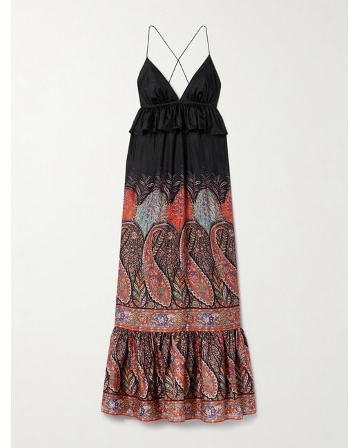 Zimmermann Black Rhiannon Ruffled Paisley-Print Silk Midi Dress