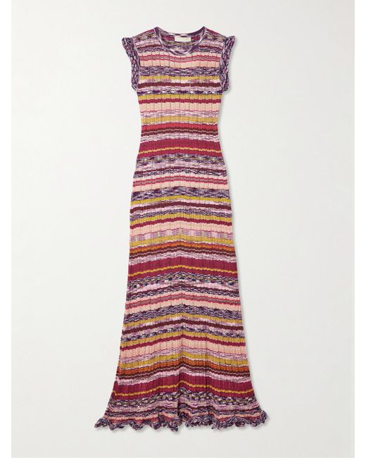 Ulla Johnson Red Ajak Midikleid Aus Gestreiftem Rippstrick Mit Rüschen