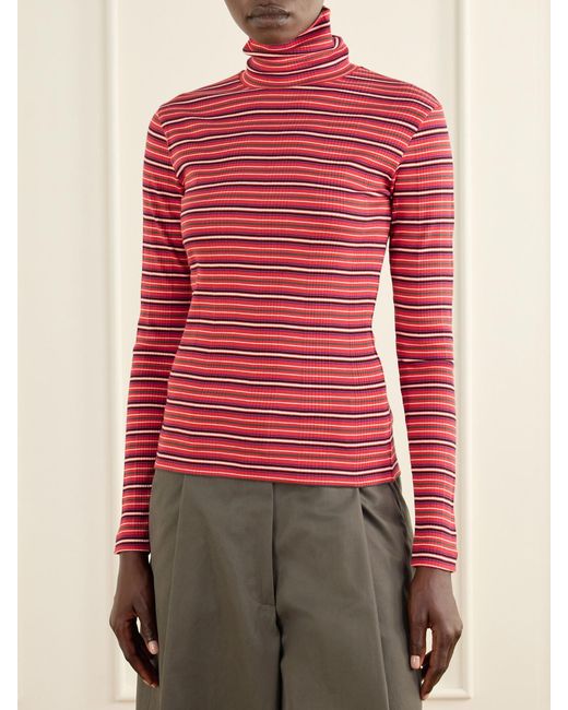 Dries Van Noten Red Striped Ribbed Cotton-Blend Turtleneck Sweater
