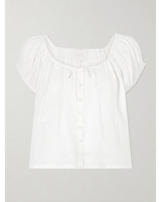 Citizens of Humanity White Tatev Tie-Detailed Lace-Trimmed Ramie Blouse