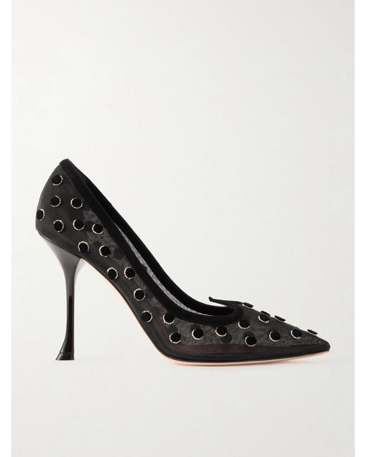 Roger Vivier Black I Love Vivier 100 Suede-Trimmed Flocked Mesh Pumps