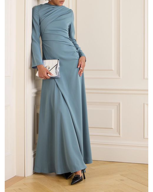 Marmar Halim Blue Draped Scarf-Detailed Wrap-Effect Silk-Crepe Gown