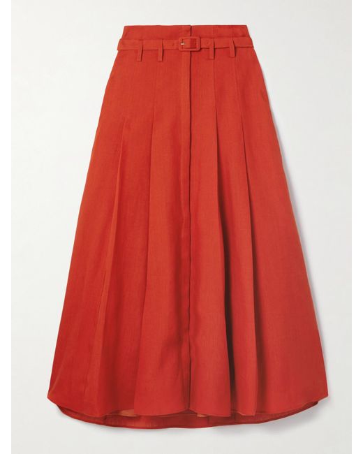 Gabriela Hearst Red Dugald Belted Pleated Linen Midi Skirt