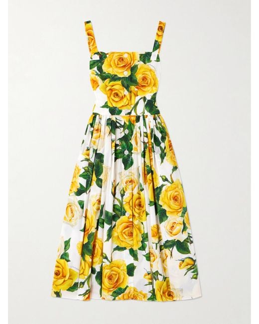 Dolce & Gabbana Yellow Floral-Print Cotton Midi Dress